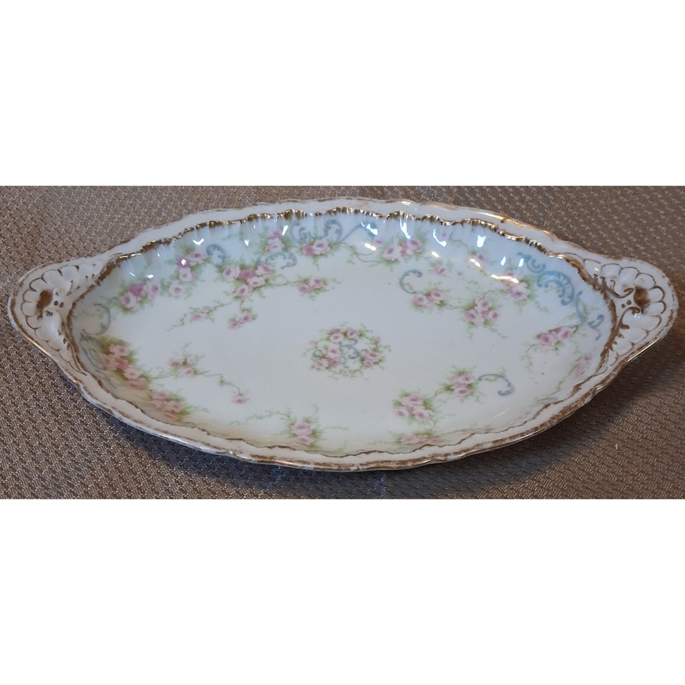 Theodore Haviland Limoges France Celery Tray Pink Roses Gold Trim Scalloped 9.5"